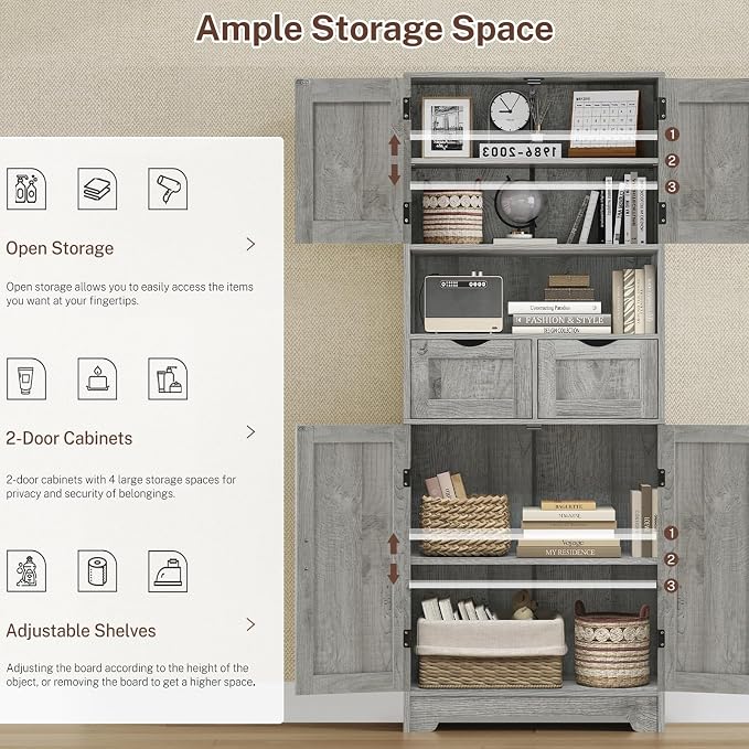 Iwell Tall Storage Cabinet with Adjustable Shelf, Bathroom Cabinet with 2 Drawers, Linen Cabinet for Living Room, Grey - Image 4
