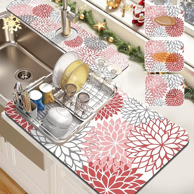 Findosom 2PCS 16" x 24" Christmas Dish Drying Mat & 24" x 5.5" Sink Splash Guard, Super Absorbent & Cuttable Dish Mat Drying Kitchen Mat with Red Floral, Hide Stain Drying Mat for Kitchen Counter by Findosom