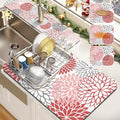 Findosom 2PCS 16" x 24" Christmas Dish Drying Mat & 24" x 5.5" Sink Splash Guard, Super Absorbent & Cuttable Dish Mat Drying Kitchen Mat with Red Floral, Hide Stain Drying Mat for Kitchen Counter by Findosom