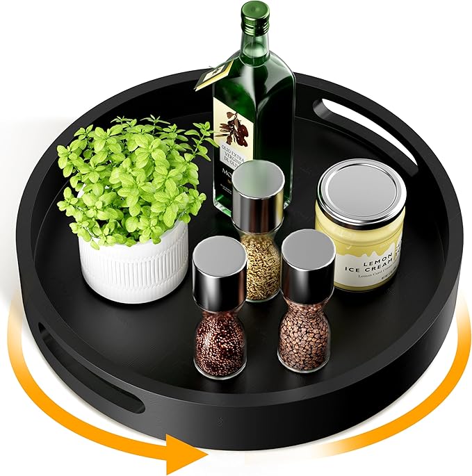 Lazy Susan Organizer Homerays 13 Inch Non-Skid Bamboo Lazy Susan for Kitchen Rotating Spice Rack with Handles, Wood Turntable for Kitchen Cabinet,Countertop (Black, Large) by Homerays