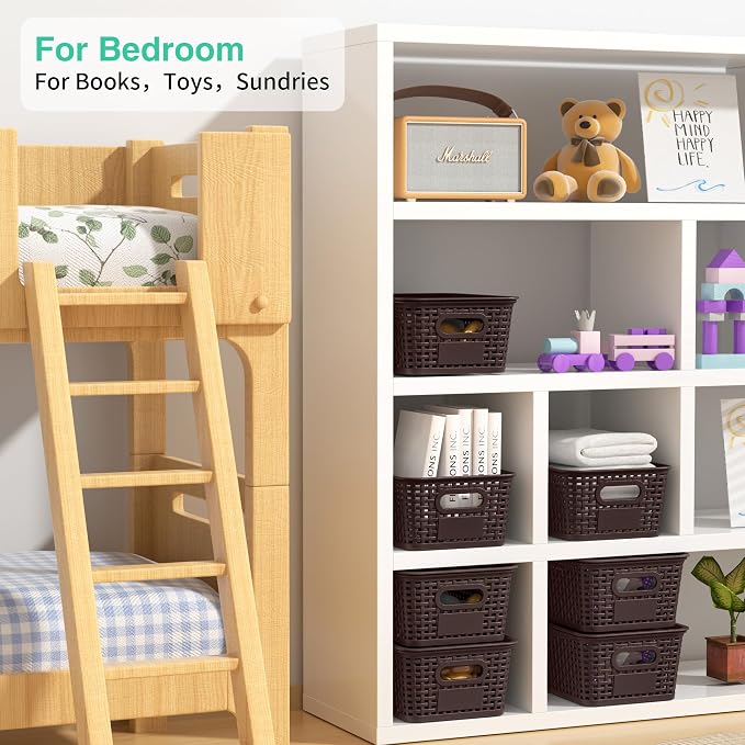 8 Pack Plastic Storage Baskets,Brown Stackable Bins with Lid | 5.3qt Storage Containers with Labels for Organizing Shelves Drawers Desktop Closet Playroom Classroom Office - Image 5