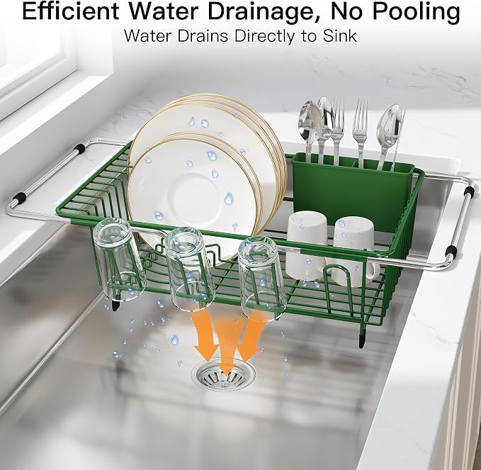 JASIWAY Green Dish Drying Rack in Sink, Dish Drainer with Utensil Holder | Over The Sink Expandable Stainless Steel Strainer Dryer Rack for Small Kitchen, Counter Space Saving, Fast Drain, Rustproof - Image 6