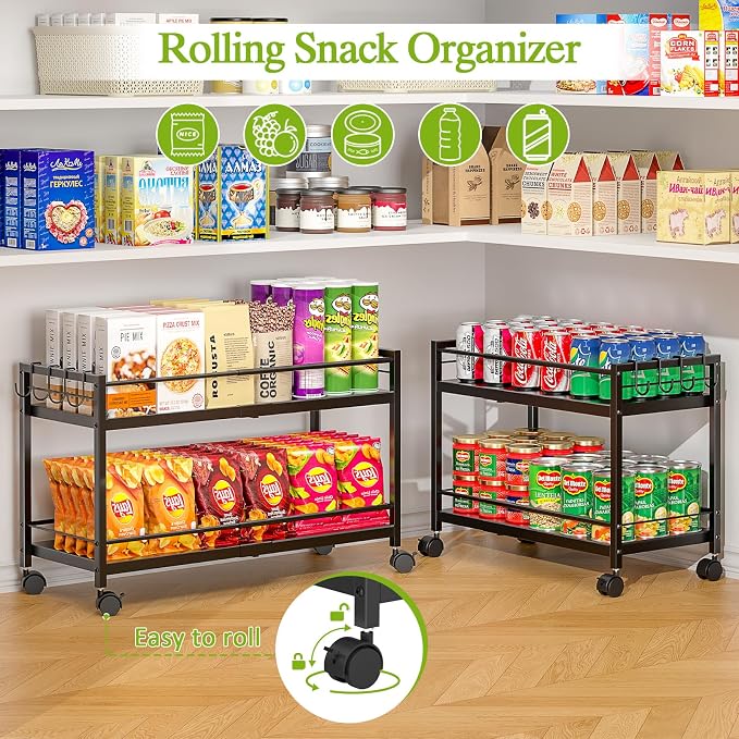 1 Pack 2-Tier Expandable Pantry Floor Organizer Cart, Rolling Pantry Storage Cart with Wheel, Adjustable Can Organizer for Kitchen Pantry, Pantry Shelves and Storage Rack for Snacks, Vegetables, Black - Image 6