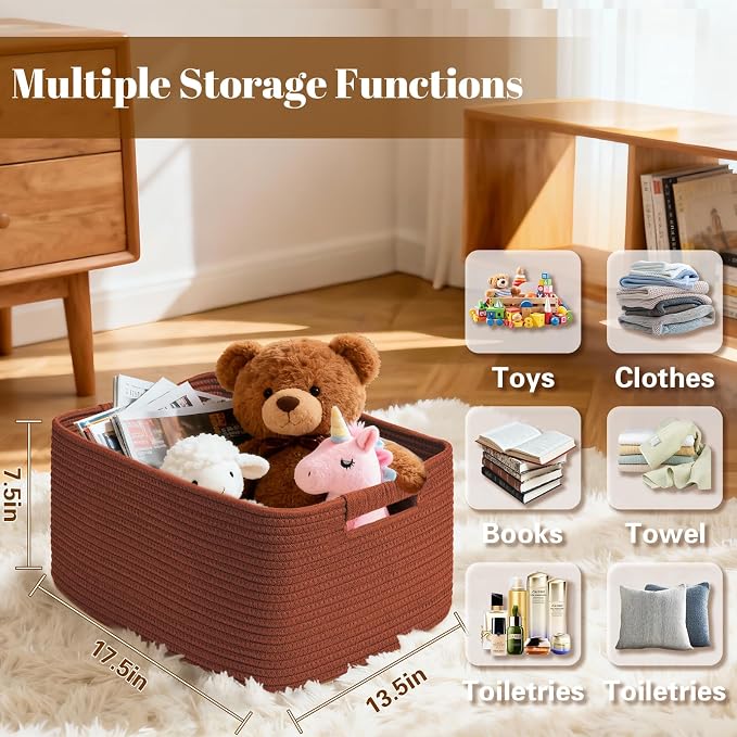 4 Pack Large Storage Basket for Organizing, 17.5"x13"x7" Woven Basket for Shelves, Closet Cube Storage Bins with Wrapped Handle, Cotton Rope Baskets for Kitchen, Clothes, Toys(Oxide Red) - Image 2