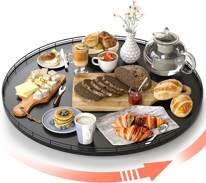 Oroyutor 24-Inch Extra Large Oak Lazy Susan with Black Metal Rail | Rotating oak tray organizes spices, toiletries and decor on kitchen counters, bathroom vanities, dining and coffee tables. by Oroyutor
