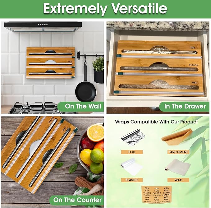 3-in-1 Bamboo Wrap Organizer with Cutters, Labels, Interior Holders, Anti-Slip Pads - Kitchen Drawer, Pantry, Storage for Plastic Wrap, Aluminum Foil, Wax Paper, Kitchen Storage, 12" Roll Holder - Image 6