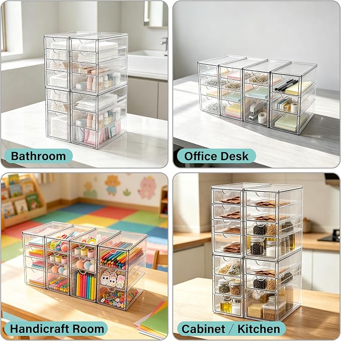 Prsildan Acrylic Desk Organizers with 14 Drawers, Stackable Makeup Storage | Anti-slip Clear Storage Bins, Vanity Organizer for Craft Bead Crayon Nail, Bathroom Kitchen Office Organization, 4 Pack - Image 4
