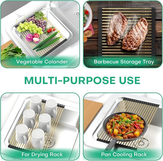 Large Telescopic Draining Rack, Gold Roll Up Heat-Resistant Dish Drainer for Stainless Steel Sinks, Non-Slip Silicone Rolling Dish Drainer Roll Rack 18 tube12.59-21.25x12.79'' - Image 4