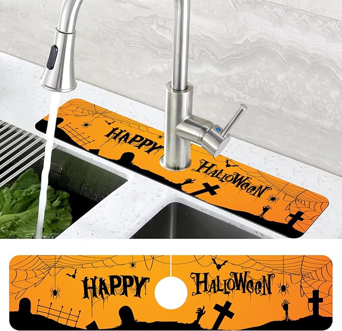 Halloween Bats Spider Webs Dish Drying Mat for Kitchen Sink Splash Guard Behind Faucet Sink Mat Absorbent Fast Drying Faucet Draining Mat for Bathroom Kitchen 5.5"×24" - Image 4