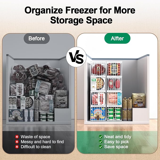 Freezer Organizer Bins, 6 Pack Big Baskets for 5/ 7 Cu.FT Deep Freezer | Stackable Chest Freezer Organizer Bins, Foldable Baskets with Handles, White Storage Container Baskets for Sort Frozen Meats - Image 6