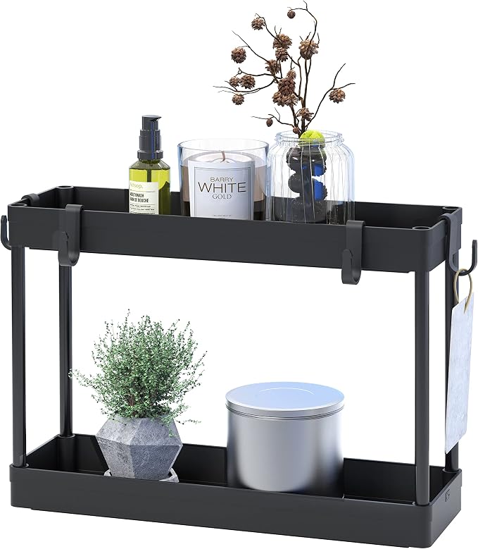 Simple Houseware 2-Tier Under Sink Organizer Storage Tray with Hooks, Black - Image 7