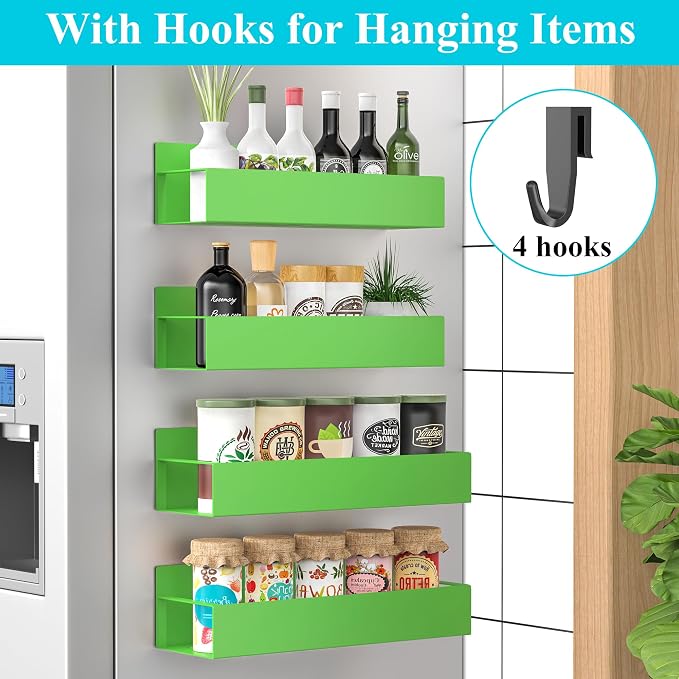 Metal Magnetic Spice Rack for Refrigerator Green, 4 Pack | Magnetic Shelves Heavy Duty for Fridge in Kitchen, Seasoning Storage Organizer, For Oven Washer and Dryer, For Heavier Items - Image 2