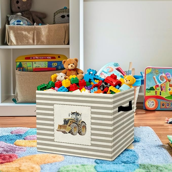 Rustic Construction Tractor Storage Bins Boxes Handles | grey striped nursery foldable basket for organizing bedroom toddler playroom - Image 2