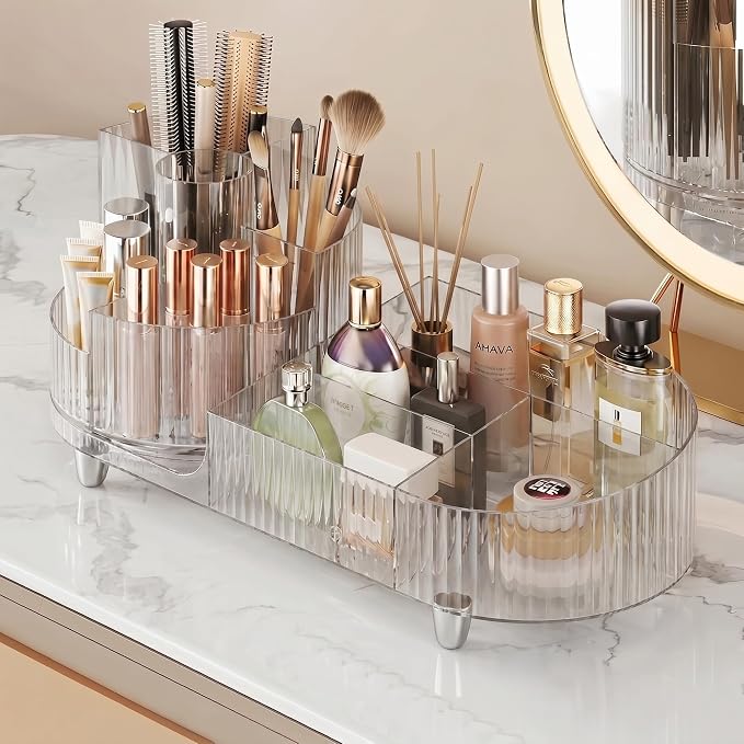 Booklov Rotating Makeup Organizer for Vanity Countertop, Clear | Clear Acrylic Cosmetic Display Case, Large Beauty Brush Holder for Bathroom Counter, Skincare Lipsticks Storage by Booklov