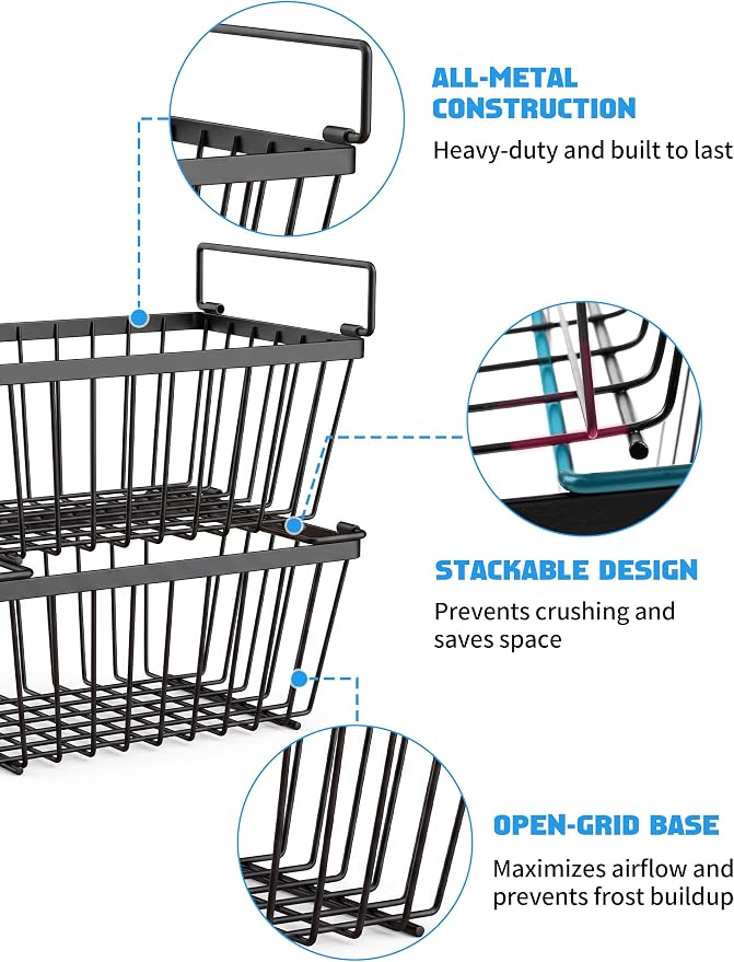4 Pack Freezer Organizers Bins,Black Stackable Food Baskets | Small Chest Deep Freezer Storage for 5-7 Cu.Ft,Increased Space for Food Storage, Breathable design Easy to Access - Image 9
