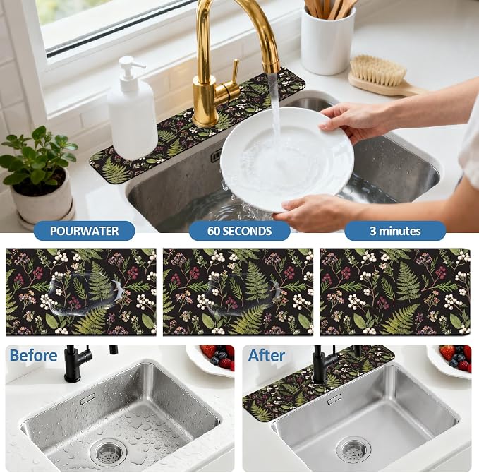 2 Pcs Kitchen Sink Splash Guard Faucet Mat Vintage Fern and Berries Pattern Faucet Mat for Sinks Absorbing Drying Mat for Kitchen Bathroom, 23.6x5.5inch - Image 5