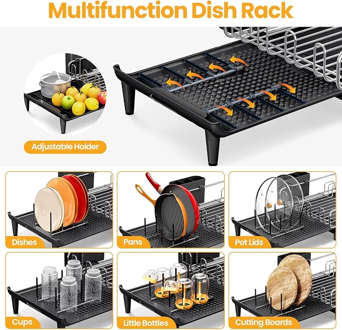 TOOLF Expandable Dish Drying Rack for Kitchen Counter, Black | Collapsible 16.7"-26.8", Stainless Steel Dish Dryer Rack Drainer for RV, Apartment, with Cutlery Holder, Fits for 3-4 People - Image 4