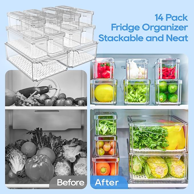 JollyPack Fridge Organizers, Refrigerator Organizer Bins with Lids, 14 Pack | BPA Free, Stackable Fruit Storage Containers, Great for Fridge, Vegetables, Food and Drinks - Image 4