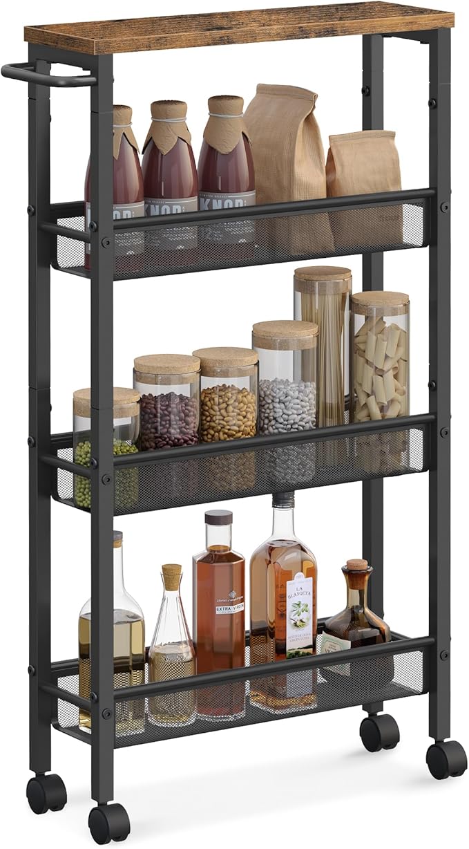 VASAGLE Slim Rolling Cart, 4-Tier Narrow Storage Cart with Handle, 5.1 Inches Deep, Metal Frame, for Kitchen, Dining Room, Living Room, Home Office, Rustic Brown and Classic Black ULRC032B01V1 by Unknown