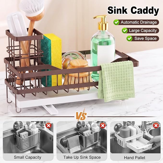 Sponge Holder for Kitchen Sink, Self-draining Sink Caddy with Towel Rack and Brush Holder, Metal Kitchen Countertop Organizers and Storage Essentials, Bronze - Image 5