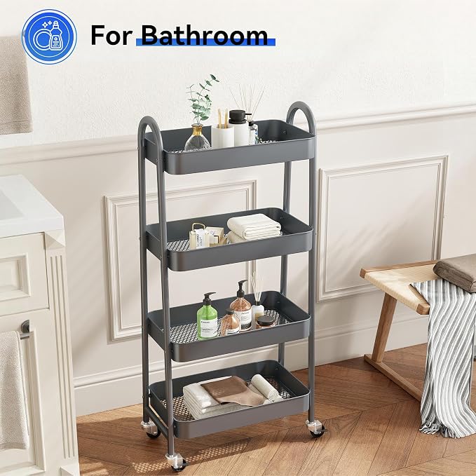 NEWBULIG 4-Shelf Metal Rolling Storage Utility Cart with Lockable Wheels | Mobile Organizer Shelf, Space-Saving, Freestanding, Bathroom, Living Room, Slim, Narrow Corner Spaces, Grey - Image 5