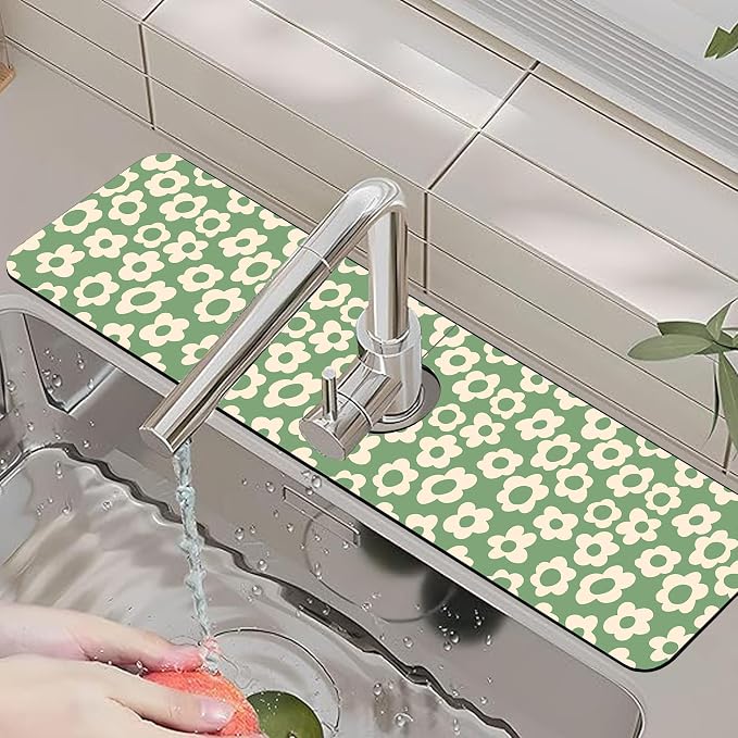 Faucet Mat for Kitchen Sink Vintage Groovy Flower Green Daisy Sink Splash Guard Behind Faucet Soft Diatom Mud Material Non-slip Easy to Clean for Bathroom & Kitchen 24"X5.5" - Image 6