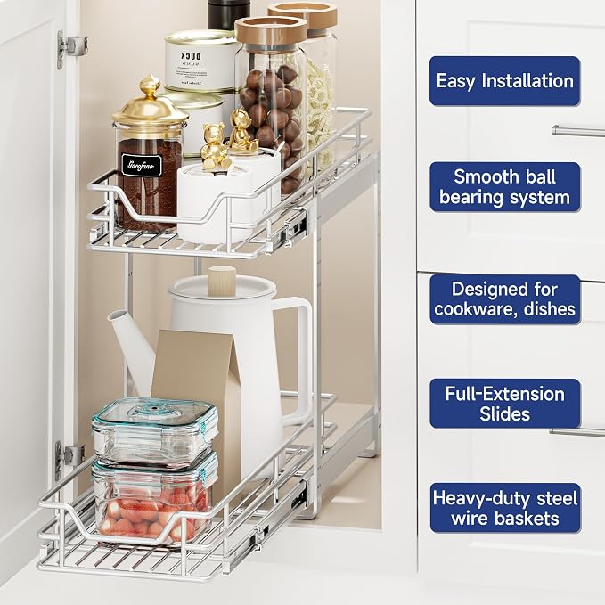 2-Tier Pull Out Cabinet Organizer, 7.5" W x 21.5" D, Heavy Duty Dual Slide Out Shelves for Narrow Base Cabinets, Chrome Wire Basket Drawer for Spices, Bottles & Snacks - Image 4