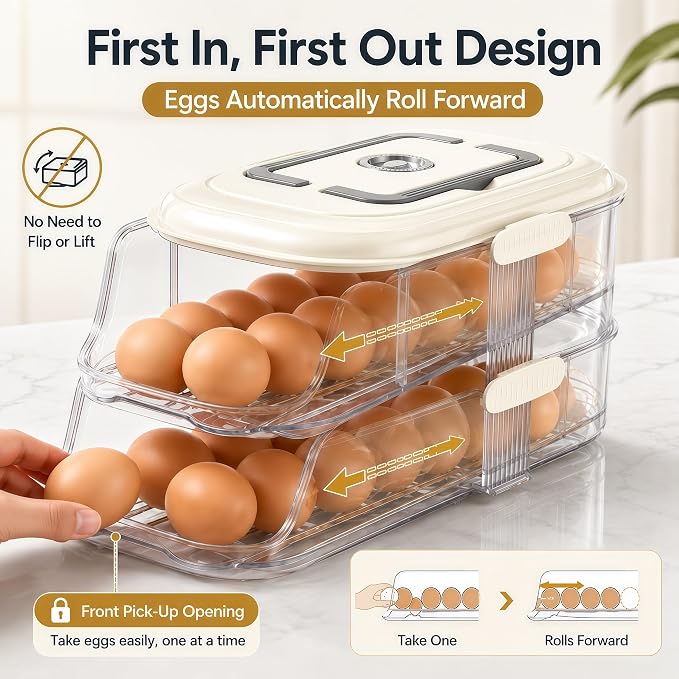 2-Tier Fridge Egg Organizer and Stackable Egg Container for Refrigerator with Dispenser Tray - Image 7
