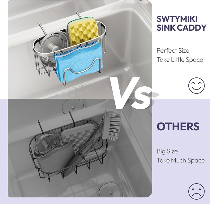 SWTYMIKI Sponge Holder for Kitchen Sink - Movable Kitchen Caddy with M Shape Hook, Stainless Steel Hanging Sponge Caddy for Sponges, Brush, Stopper Organizer in Double Bowl Sink, Silver - Image 4