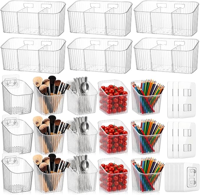 21 Pack Cabinet Door Organizer Adhesive Wall Mount Storage Bins Makeup Containers Stackable Organizer Basket for Kitchen Cabinets, Bathroom, Pantry, Office, Refrigerator (Frosted Clear) by Ferrochef