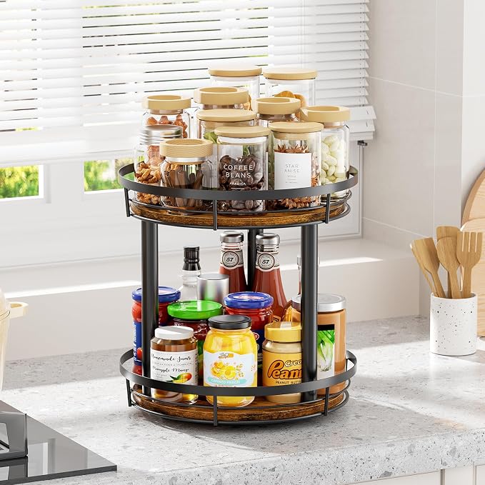 LAMU 10'' Wood Lazy Susan Spice Rack Organizer, 2 Tier Spice Organization for Cabinet, Countertop, Kitchen, Table Top, Pantry, Condiment and Seasoning Rack Organizer - Image 3