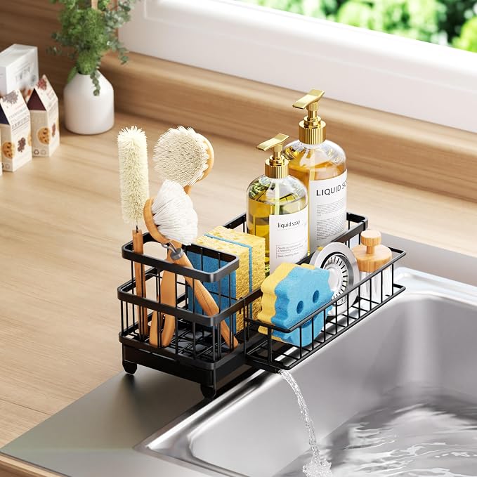 Consumest Sponge Holder for Kitchen Sink - Auto Draining Sink Caddy Organizer with Detachable Rack, High Brush Holder, Kitchen Countertop Storage Accessories, Black-Extra Large - Image 8