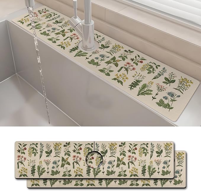 2PCS 24" X 5.5" Kitchen Sink Splash Guard Faucet Mat Floral Super Absorbent Fast Drying Faucet Guard & Draining Mat Sink Splash Guard Behind Faucet for Kitchen, Bathroom by Unknown