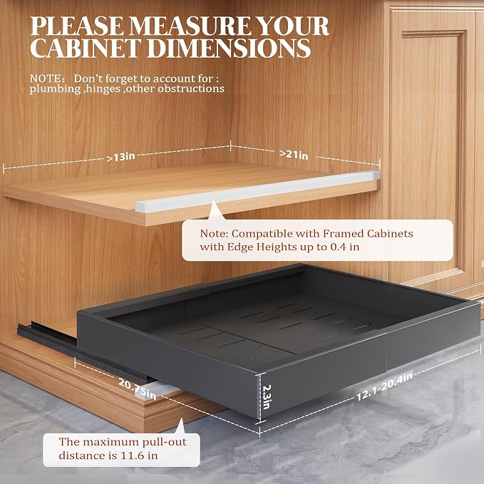 Seinloes 6 Pack Expandable Pull Out Cabinet Organizer 21"Deep With Raising Pad for Framed Cabinets,Upgrade 3 Slide Rails Slide Out Drawers,No Drill Roll Out Shelves,Adjustable Width 12.1"-20.4" Black - Image 3