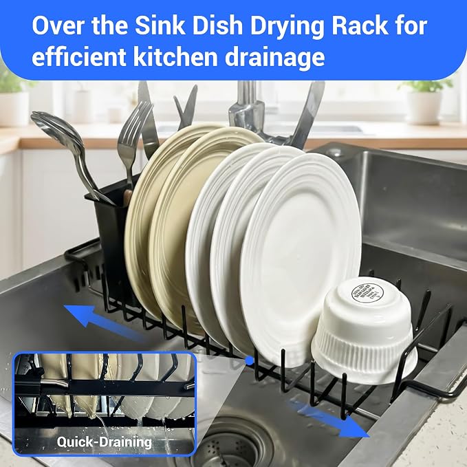 Expandable & Collapsible Dish Drying Rack for Over The Sink and in Sink, Stainless Steel with Silicone Drip Tray, Space Saving Adjustable Dish Rack for Small Kitchen, Apartment & RV - Image 2