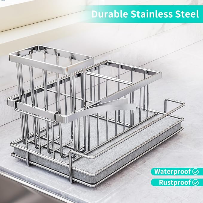 HapiRm Sink Caddy Sponge Holder - Kitchen Sink Organizer with Instant Drying Stone and Brush Holder, Stainless Steel Sponge Caddy for Kitchen Countertop - Silver - Image 4