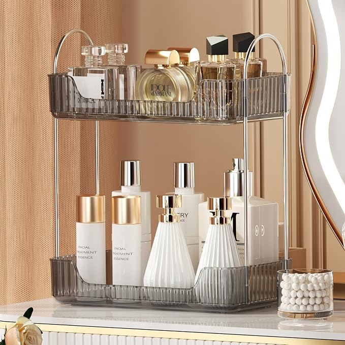 Akinbas 2 Tier Bathroom Organizer Countertop Makeup Perfume Tray Skincare Organizer for Bathroom Dresser Vanity (Grey) - Image 7