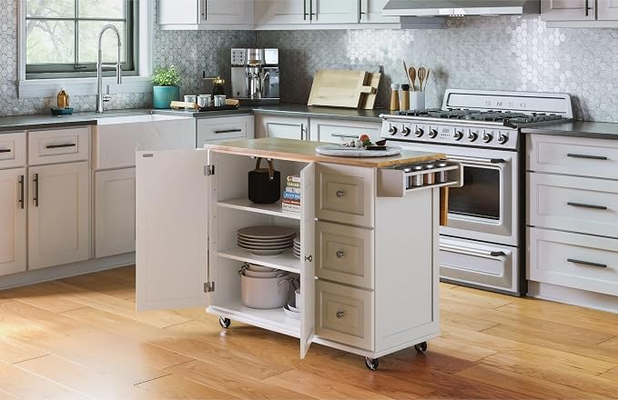 Homestyles Dolly Madison Off-White Mobile Kitchen Island Cart with Wood Drop Leaf Breakfast Bar - Image 3