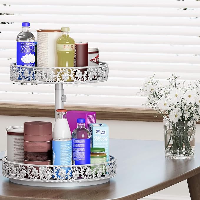 2 Tier Lazy Susan Organizer Turntable, 12 Inch, White | Adjustable, Easy Assembly & Cleaning, Two Tier Rotating Lazy Susan Spice Rack, For Cabinet Dining Table Kitchen Countertop - Image 7