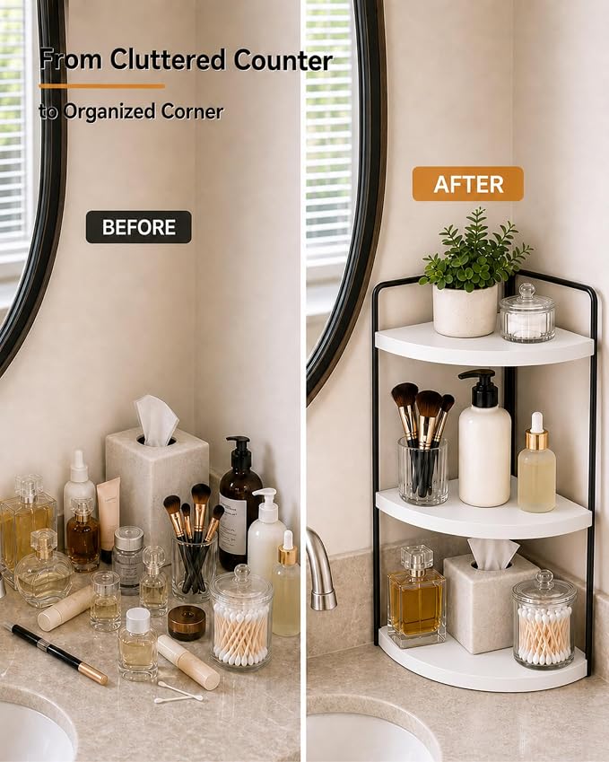 3-Tier Corner Bathroom Counter Organizer, Solid Pine Vanity Shelf, White | Solid pine 3-tier corner shelf with 6.3 in clearance for tall bottles in bathroom, vanity, kitchen, or coffee bar. - Image 4