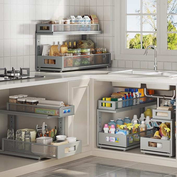 2 Pack 21.3IN-Depth Under Sink Organizer with Next-Gen Ball-Bearing Slides,2-Tier Pull Out Cabinet Storage,Height Adjustable Drawer Shelf for Bathroom,Kitchen,Laundry,Cabinet,Pantry-Gun Gray - Image 8