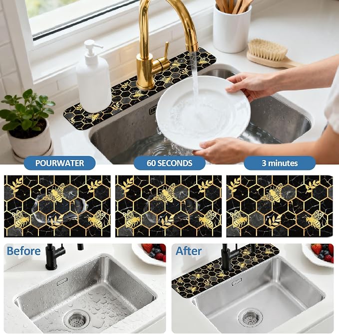 2 Pcs Marble Honeycomb Kitchen Sink Splash Guard Faucet Mat | Gold-edged Faucet Mat for Sinks Bee Pattern Absorbing Drying Mat for Kitchen Bathroom, 23.6x5.5inch - Image 5