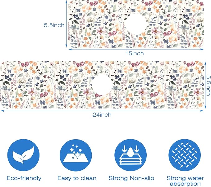 Vintage Watercolor Floral Kitchen Sink Splash Guard Mat Absorbent Fast Drying Mat Faucet Draining Mat Sink Splash Guard Behind Faucet Drip Catcher for Kitchen Bathroom 5.5"×15" - Image 3