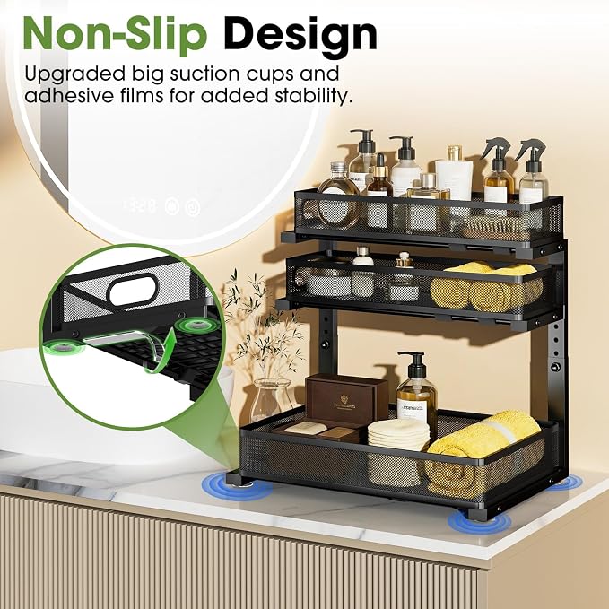 Under Sink Organizer 3 Tier, 4 Pack L-Shaped Pull-Out Cabinet Organizer with Sliding Metal Mesh Drawers, Height Adjustable Under Sink Storage Rack for Kitchen Bathroom Cabinet, Black - Image 8