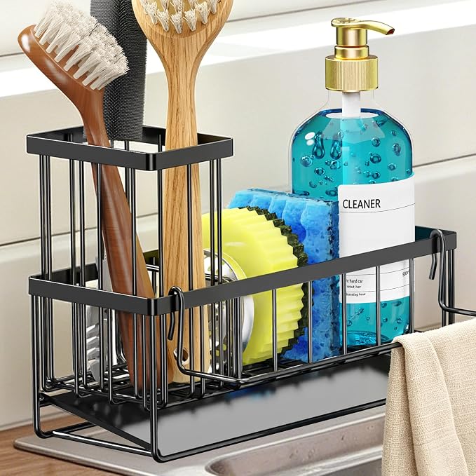 Sponge Holder for Kitchen Sink, Kitchen Sink Caddy, Kitchen Sink Sponge Holder, Dish Sponge Holder, Kitchen Sink Organizer for Sponge, Dish Brush, Scrubber(9.65" x 3.74" x 6.3", Black) - Image 7