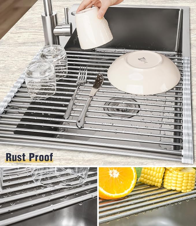 Tomorotec Roll Up Dish Drying Rack Over Sink, 304 Steel, 17.7x15.5, Marble | Anti-Slip Silicone Rims For Grip, Heat-Resistant Trivet Mat Holding Heavy Cookware, Rustproof Kitchen Counter Space Saver - Image 2