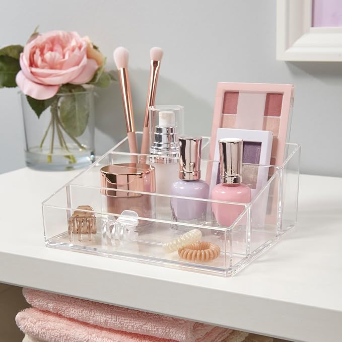 STORi Clear Plastic Small Countertop Vanity Makeup Organizer, Compact Rectangular 4-Compartment Holder for Brushes, Eyeshadow Palettes, & Beauty Supplies, Made in USA (Pack of 2) - Image 3