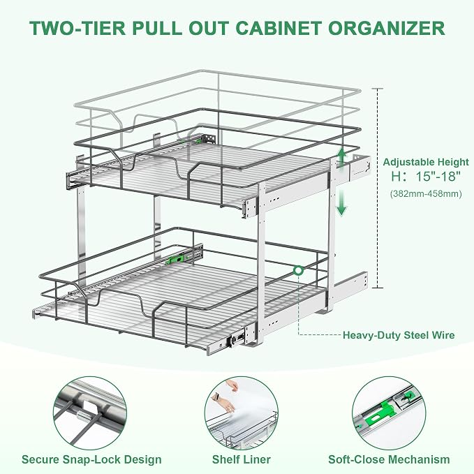 2-Tier Pull Out Cabinet Organizer (14" W x 22" D) | Soft Close Cabinet Slide Out Shelves, Heavy Duty Slide Out Drawers with Shelf Liner for Kitchen Cabinets, Pantry, Bathroom - Image 5