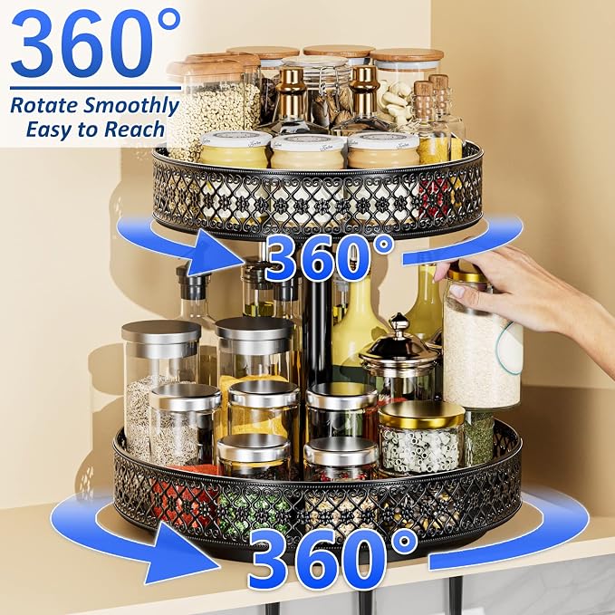 2 Tier Lazy Susan Organizer - Adjustable Rotating Spice Rack 12 inch | Floral Turntable Lazy Susan for Cabinet Pantry Kitchen Countertop Table Top Cupboard Bathroom Vanity Storage Metal Black - Image 2