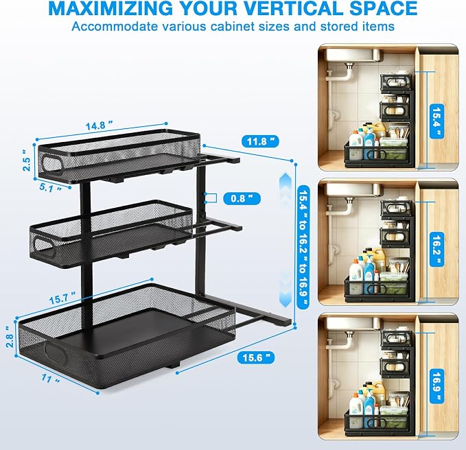 Thickened Meta 3-Tier Pull Out Under Sink Organizer 2 Pack | Height Adjustable Slide out Storage Drawer Rack for Kitchen Bathroom Home Organization| 35% More Storage Capacity - Image 2
